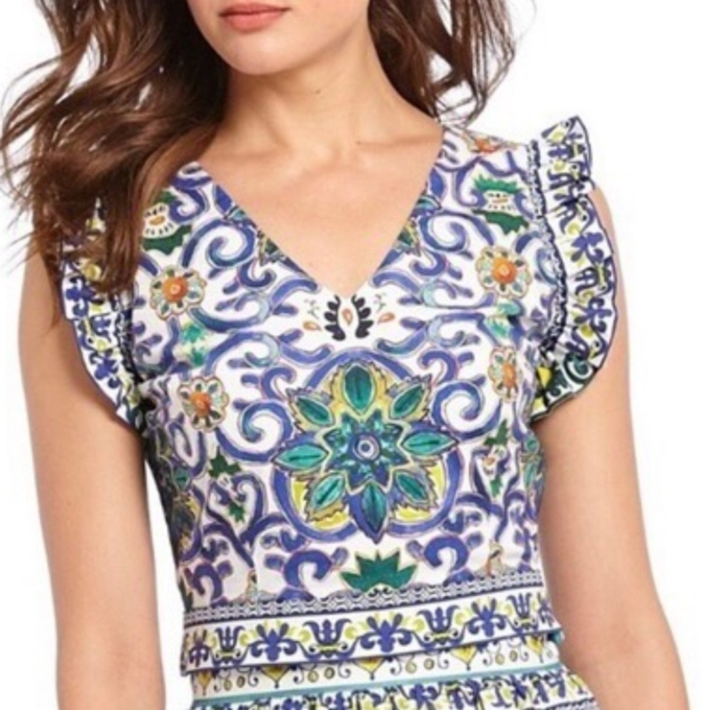 ANTONIO MELANI Blue and Green Patterned Top Size 2